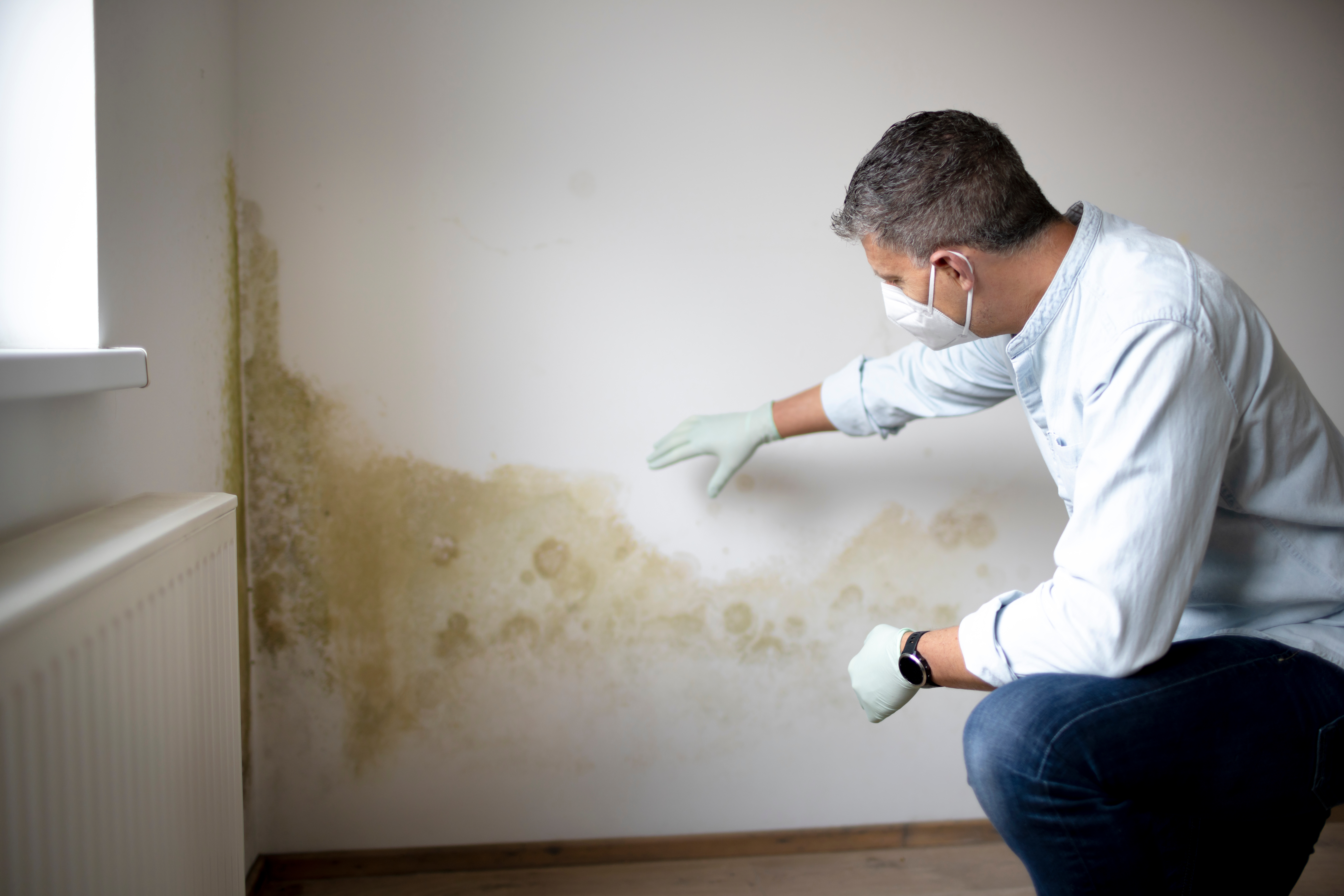 Man with mouth nose mask and blue shirt in front of wall with mold