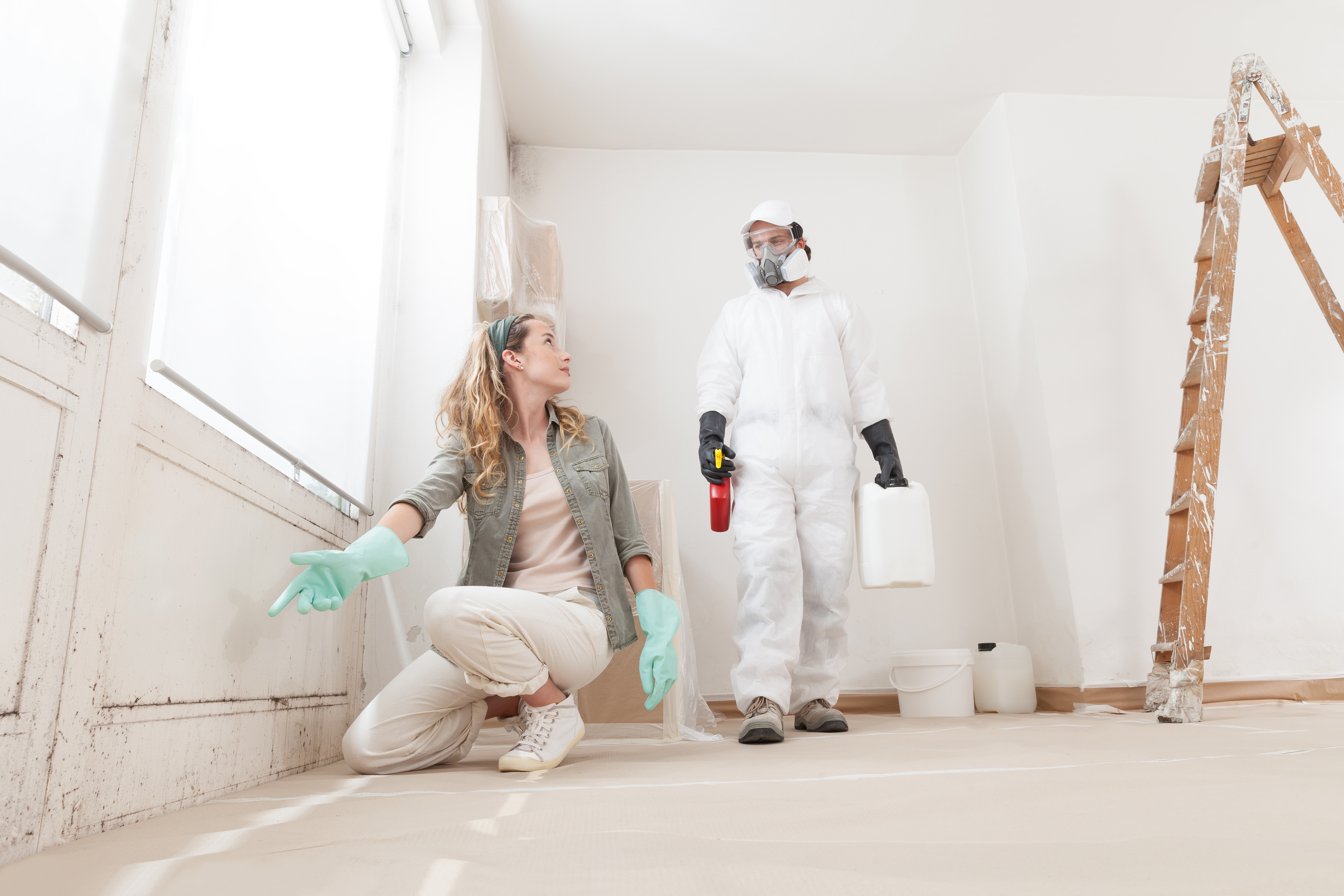 Concerned woman at a home renovation site shows a mold problem to a professional worker using products for mold remediation treatment. Concept of wall painting, cleaning, and mold removal service